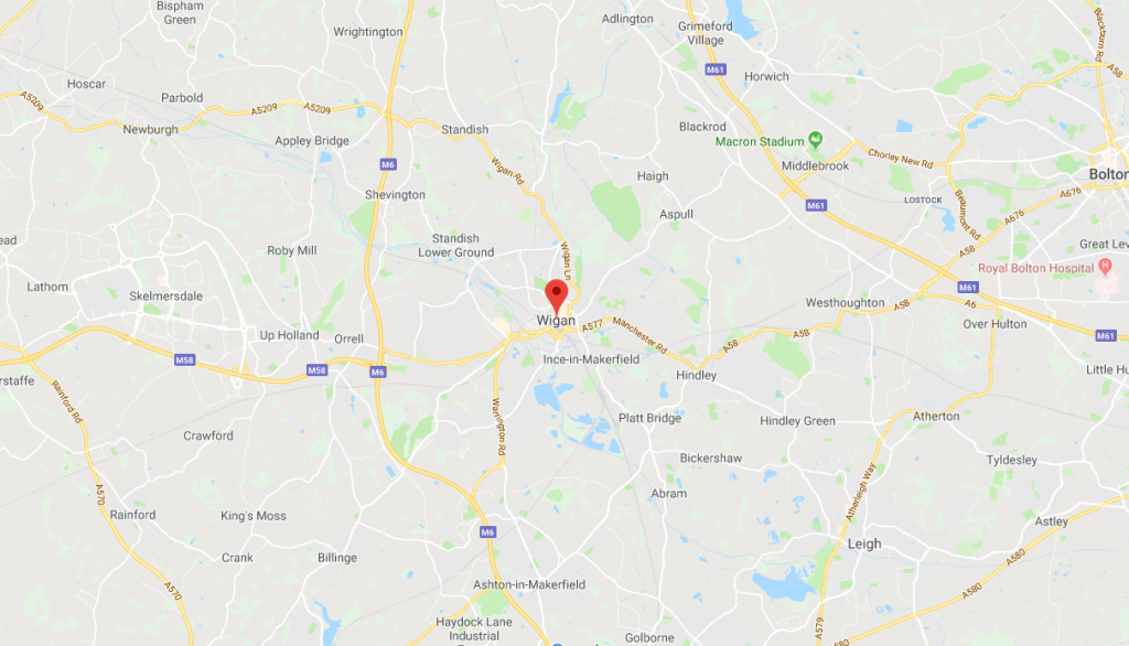 F.G. Welch coverage area map showing Wigan and surrounding areas