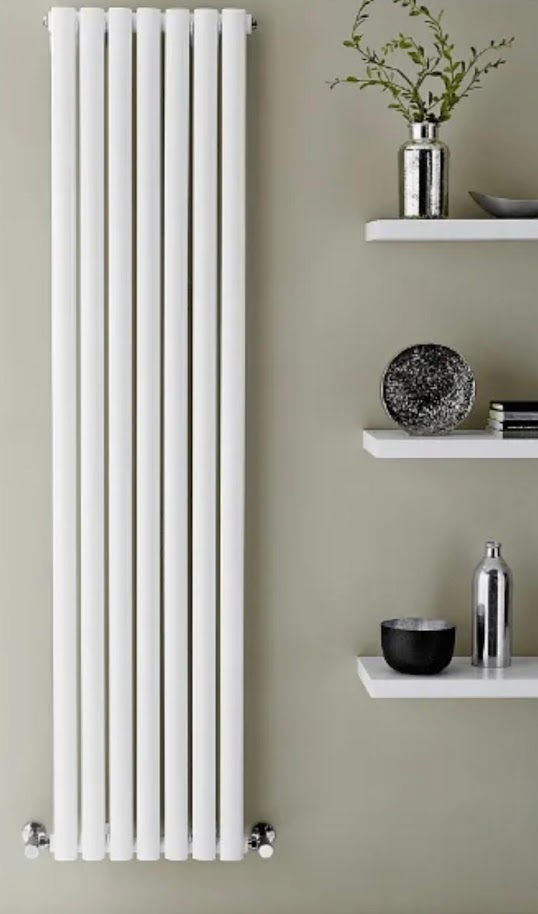 Vertical white designer radiator installed by F.G. Welch