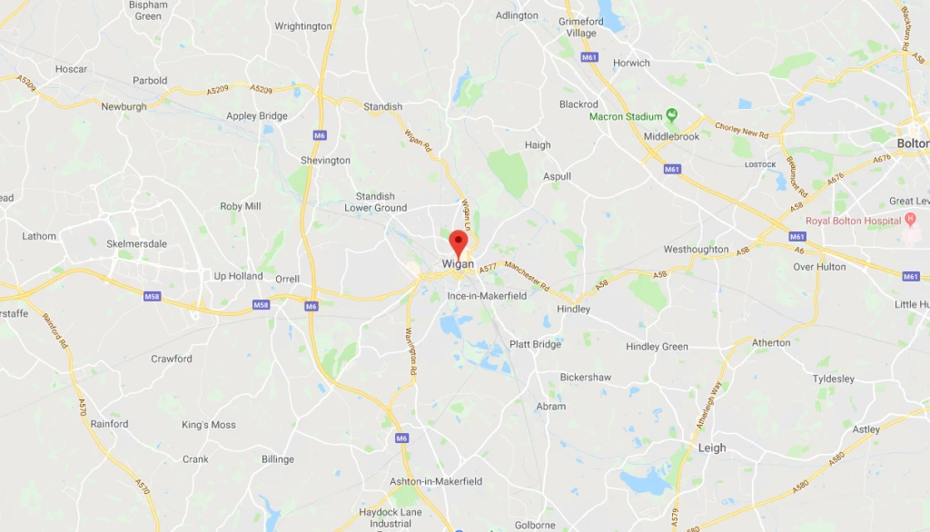 F.G. Welch coverage area map showing Wigan and surrounding areas
